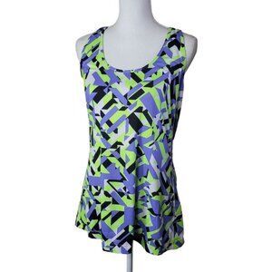 Xersion Fitness Tank Top Activewear Racerback Geometric Blue Green Women XL Neon